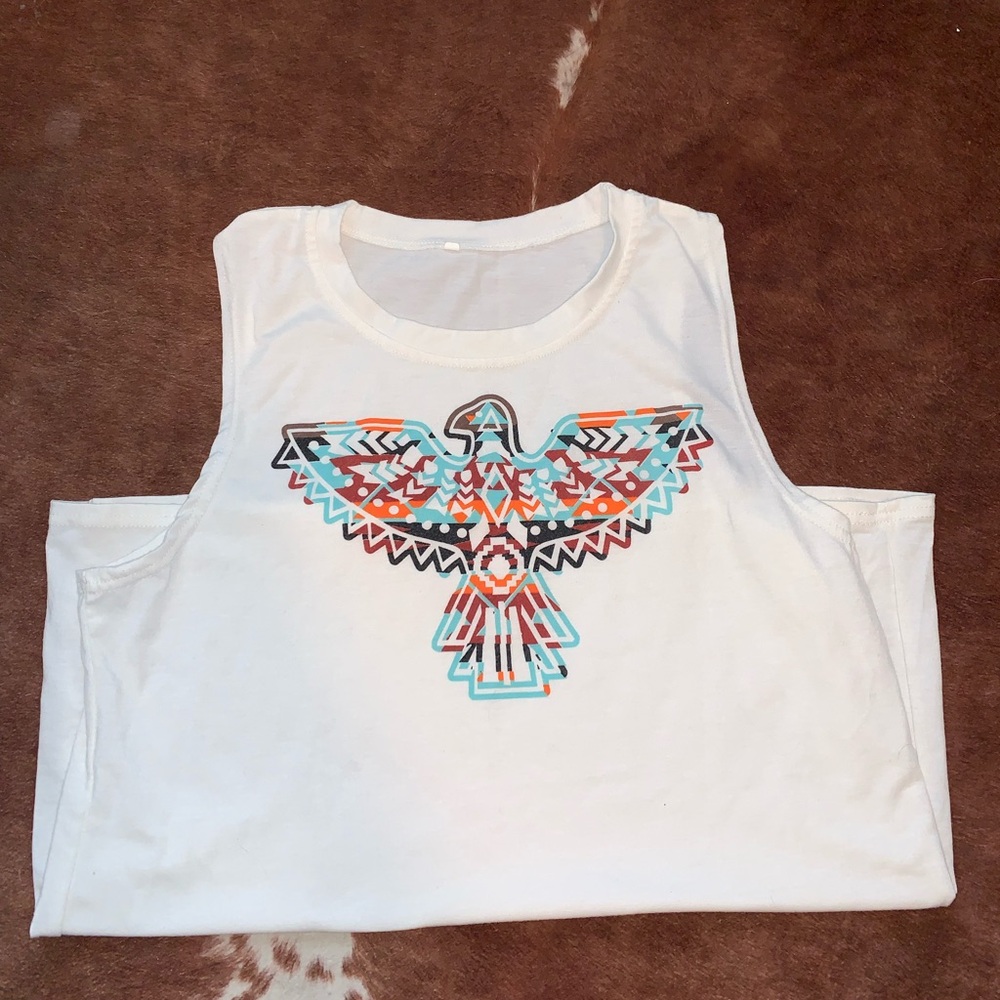 White Sleeveless Top with Tribal Print